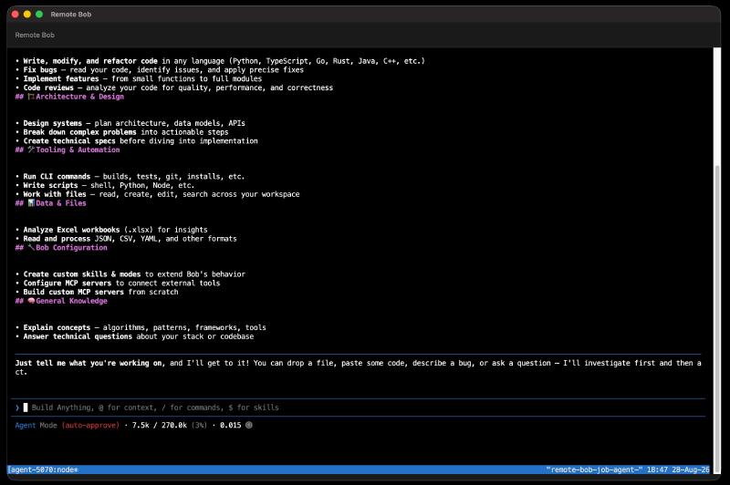 Bob Shell capabilities — code, architecture, tooling, data, configuration