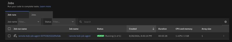 Code Engine console showing the job run in Running state