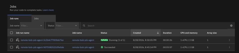 Code Engine console showing multiple job runs — one running, one succeeded