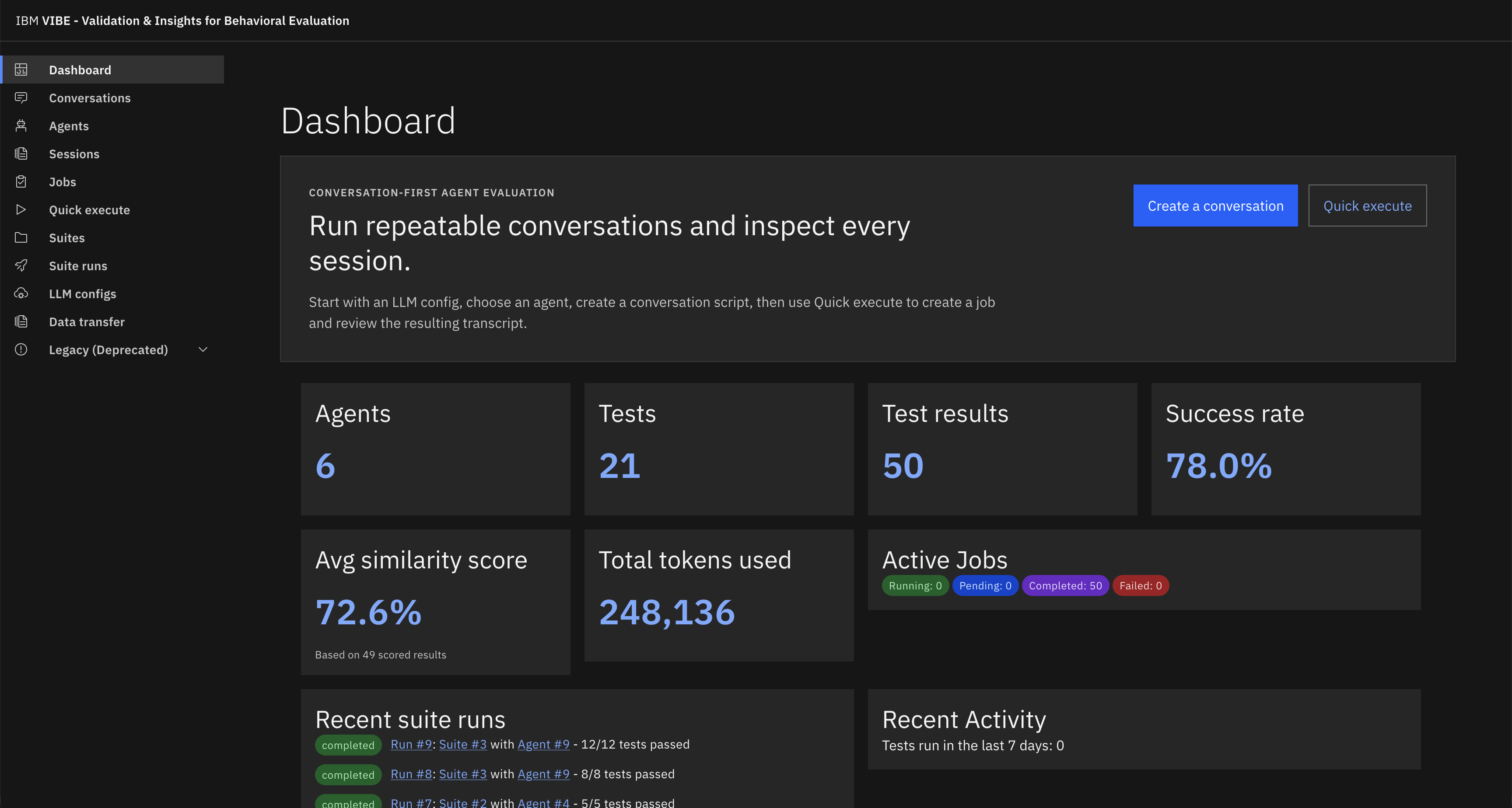 VIBE dashboard with first-run checklist and summary metrics
