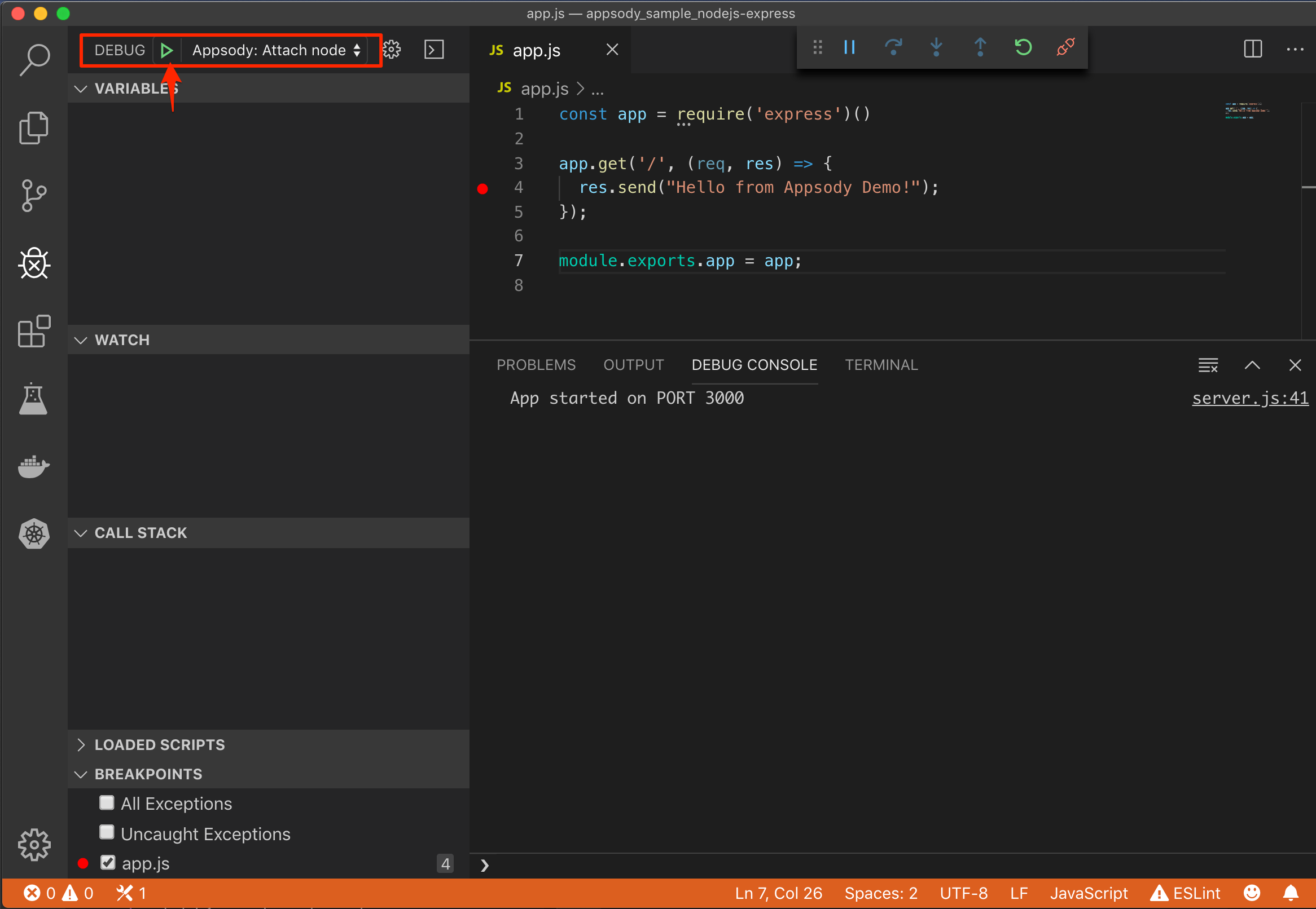 Attach the debugger to Appsody