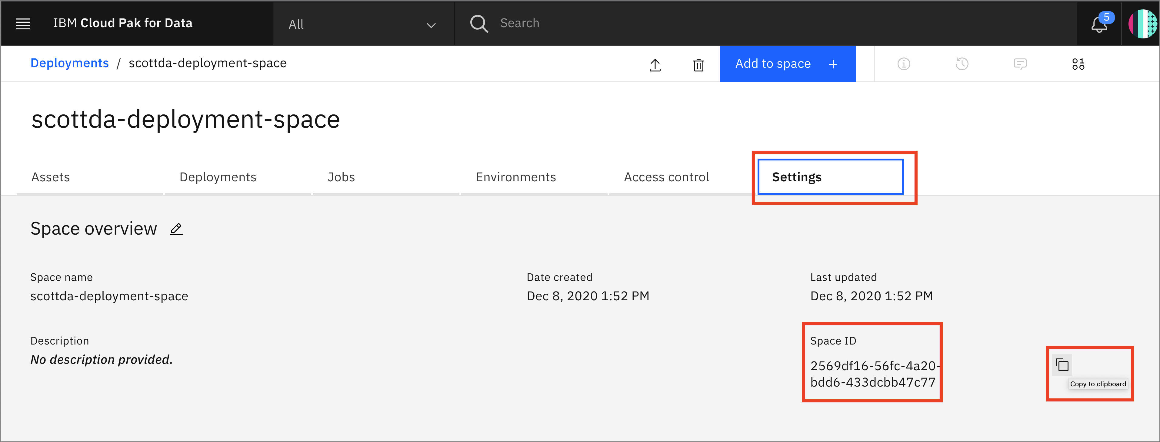 Copy Deployment space ID