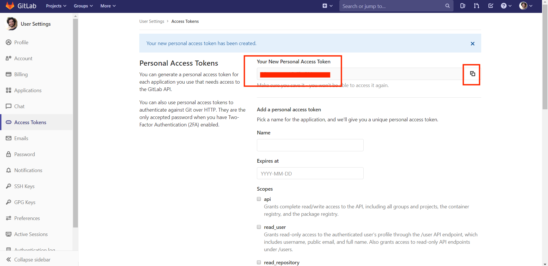 GitLab copy Access Token