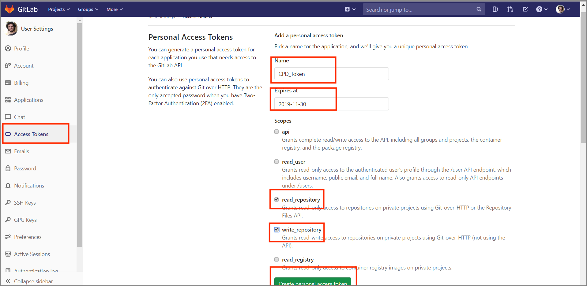 GitLab select Access Tokens