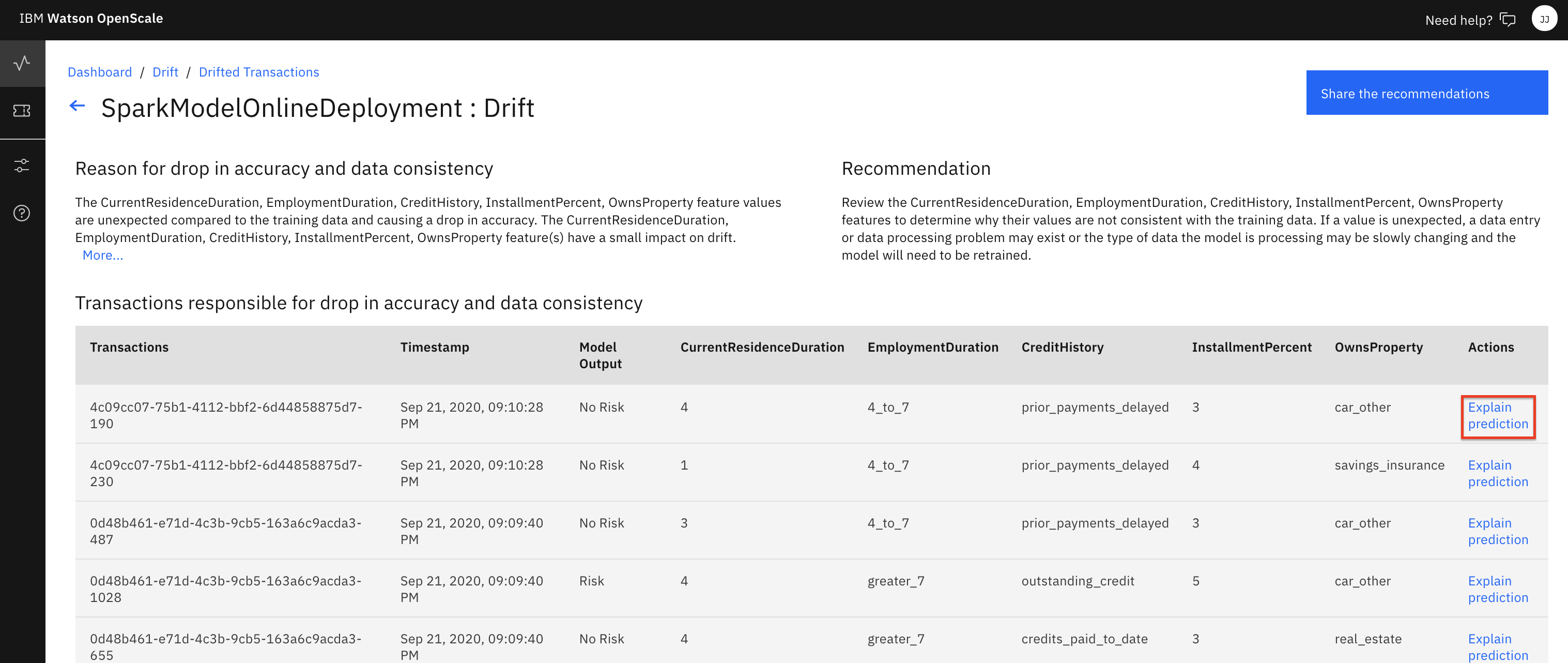 Drift list of transactions