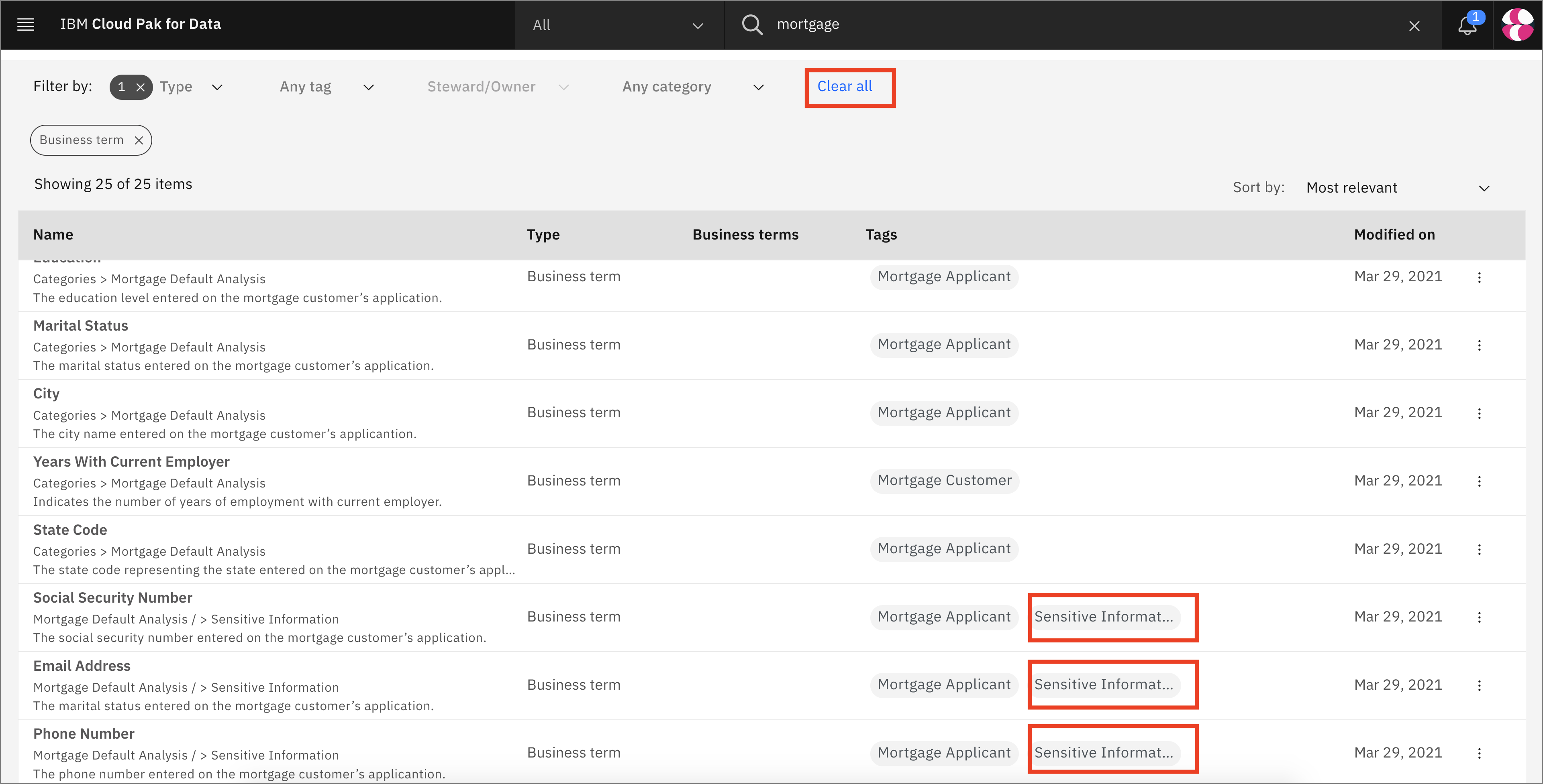 Sort scroll and clear business terms