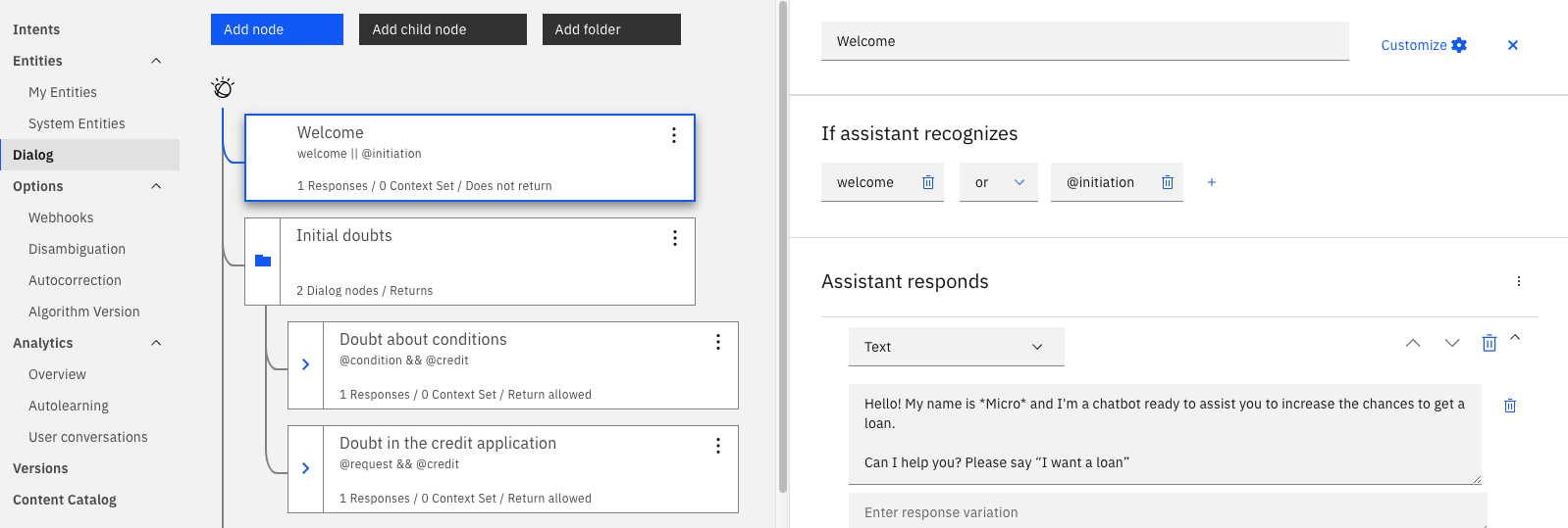 Image showing dialog tree on Watson Assistant.