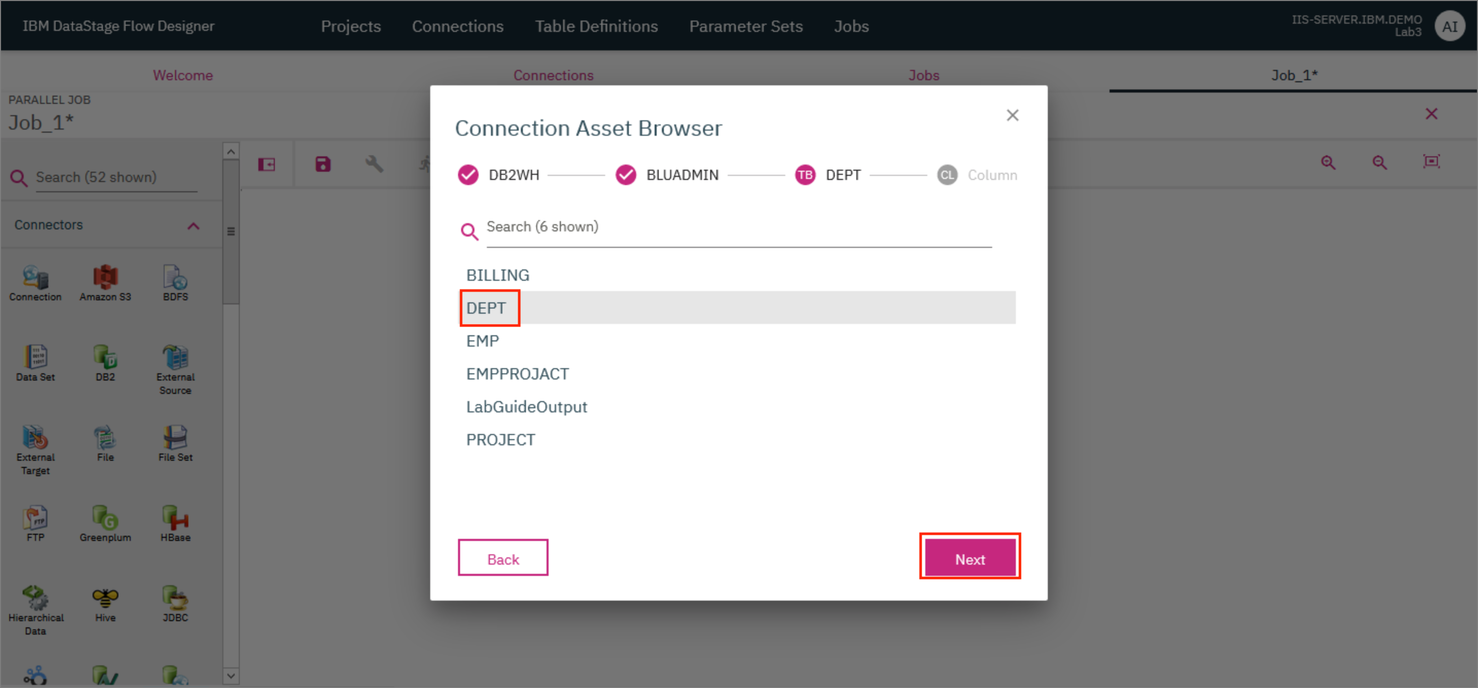 Create connection - select table