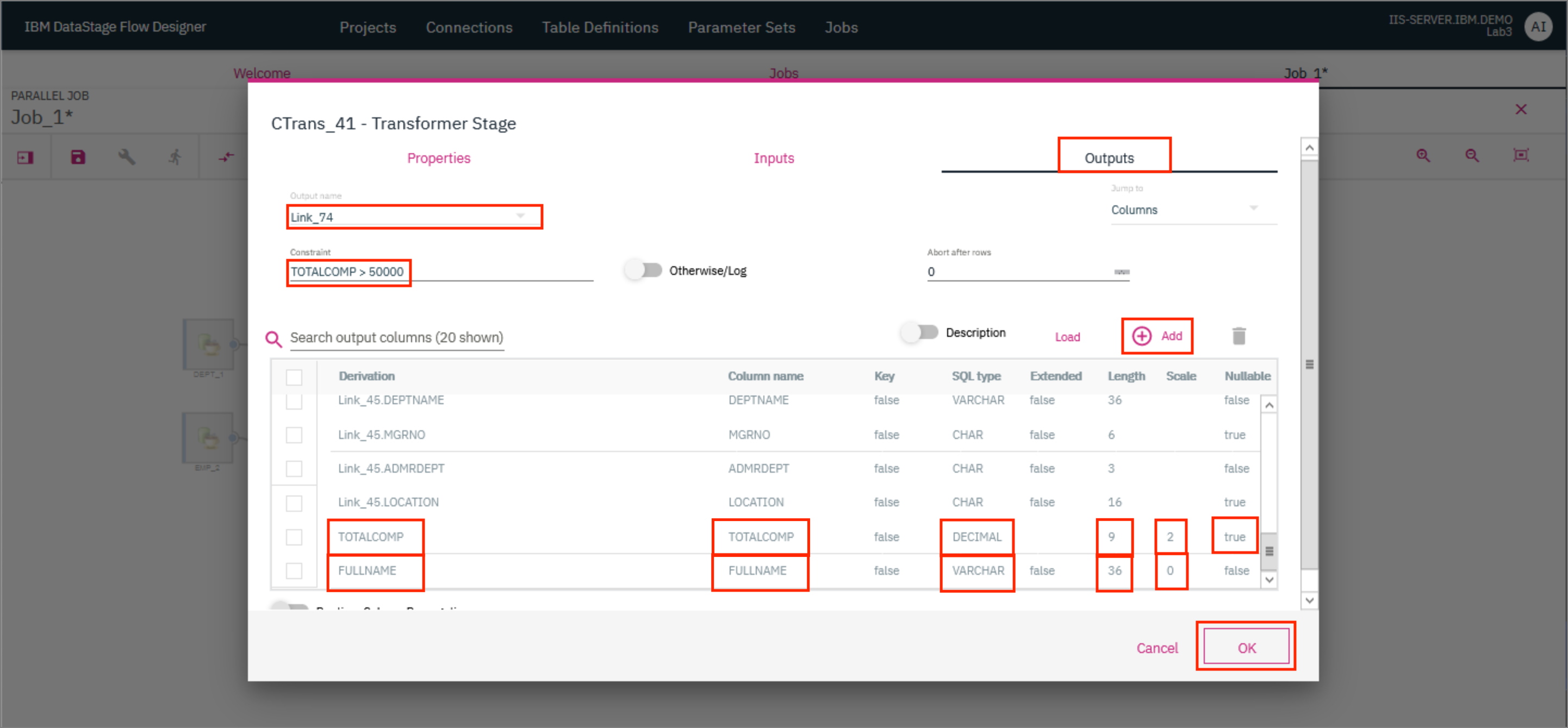 Transformer - add output columns and constraint