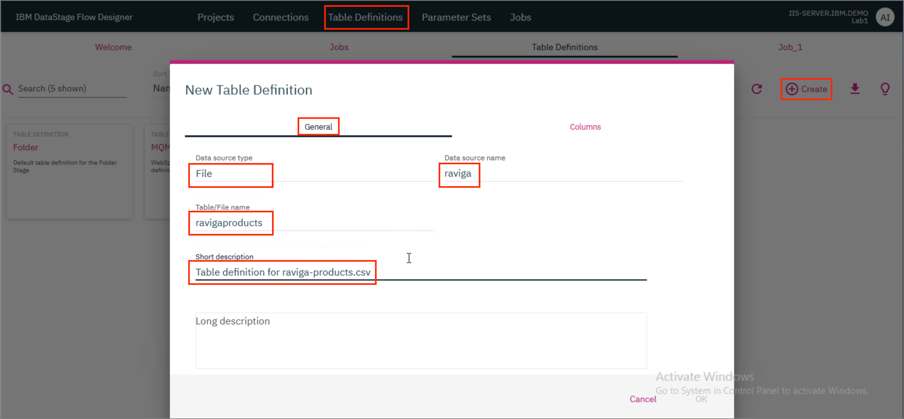 Create table definition