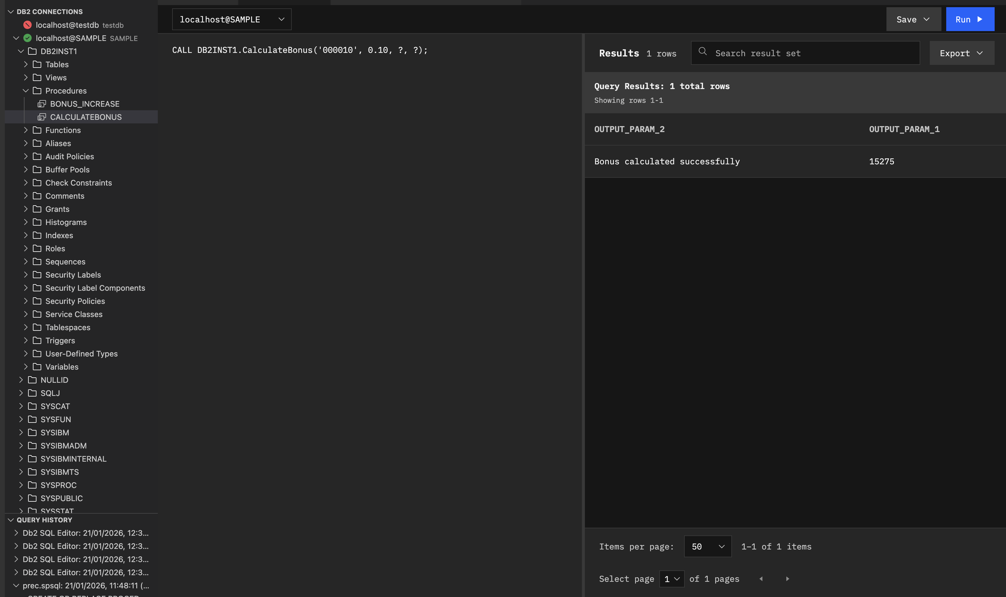 Result pane showing procedure execution