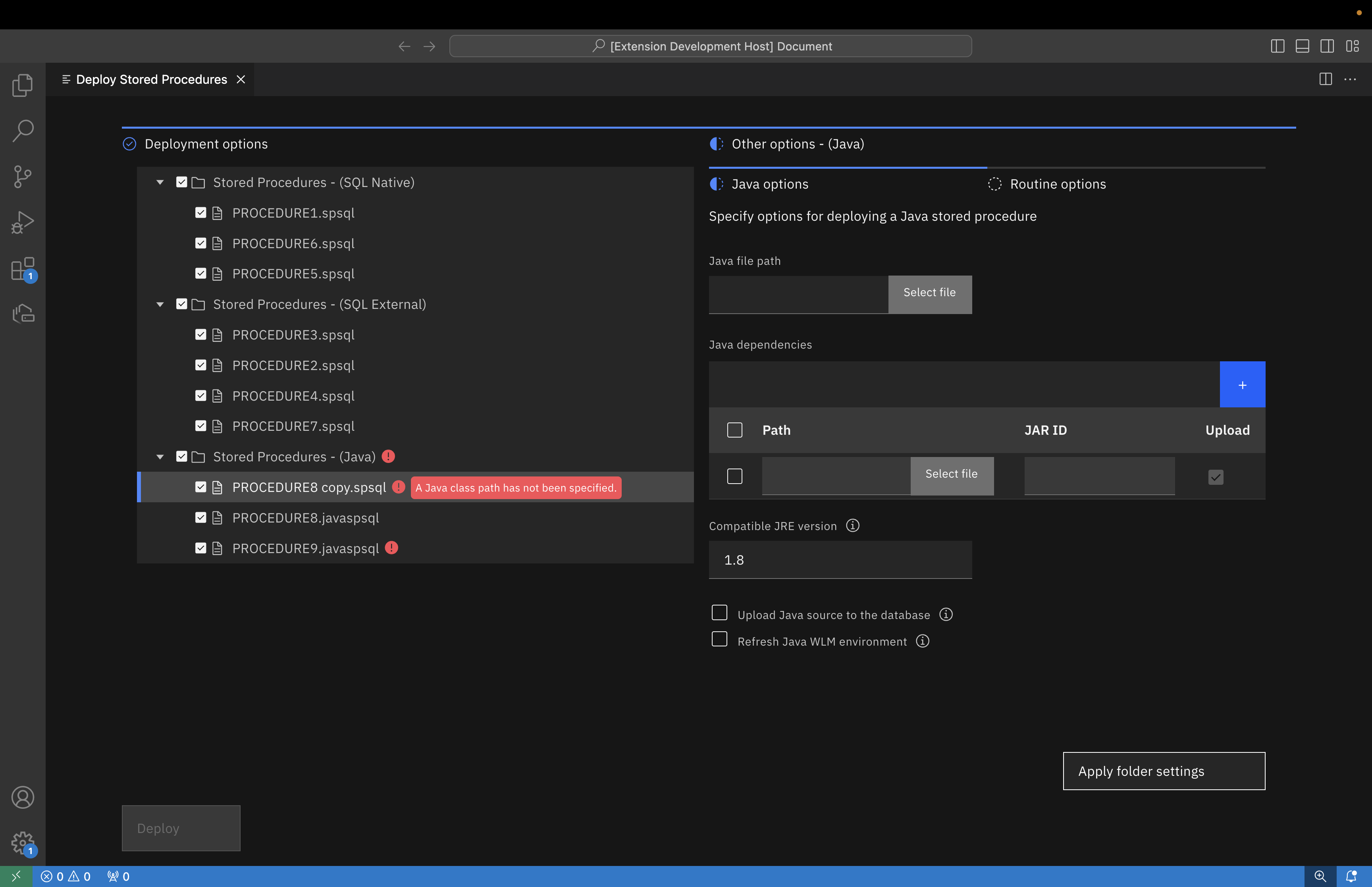 Stored procedure deployment java options errors