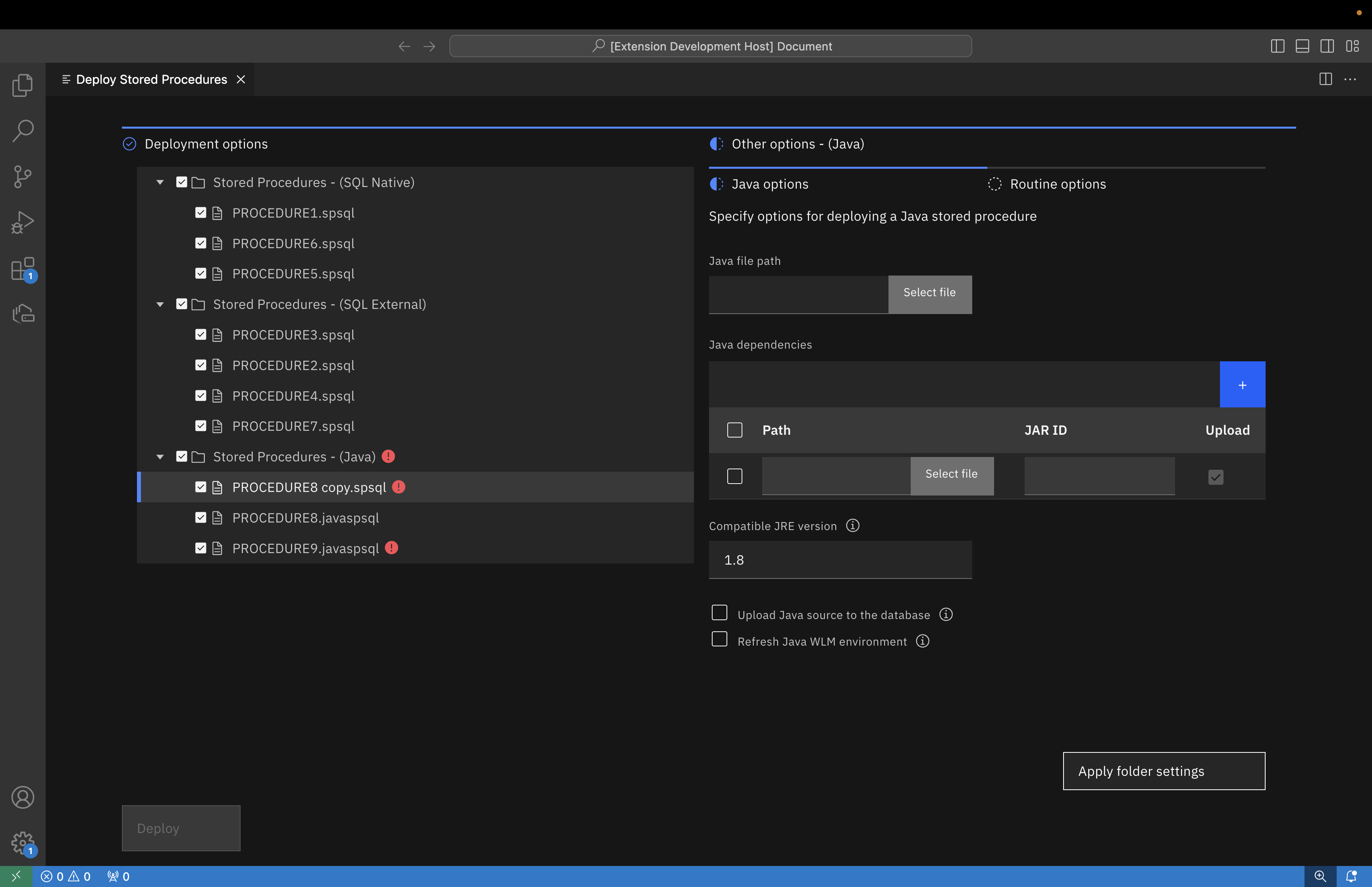 Stored procedure deployment java options