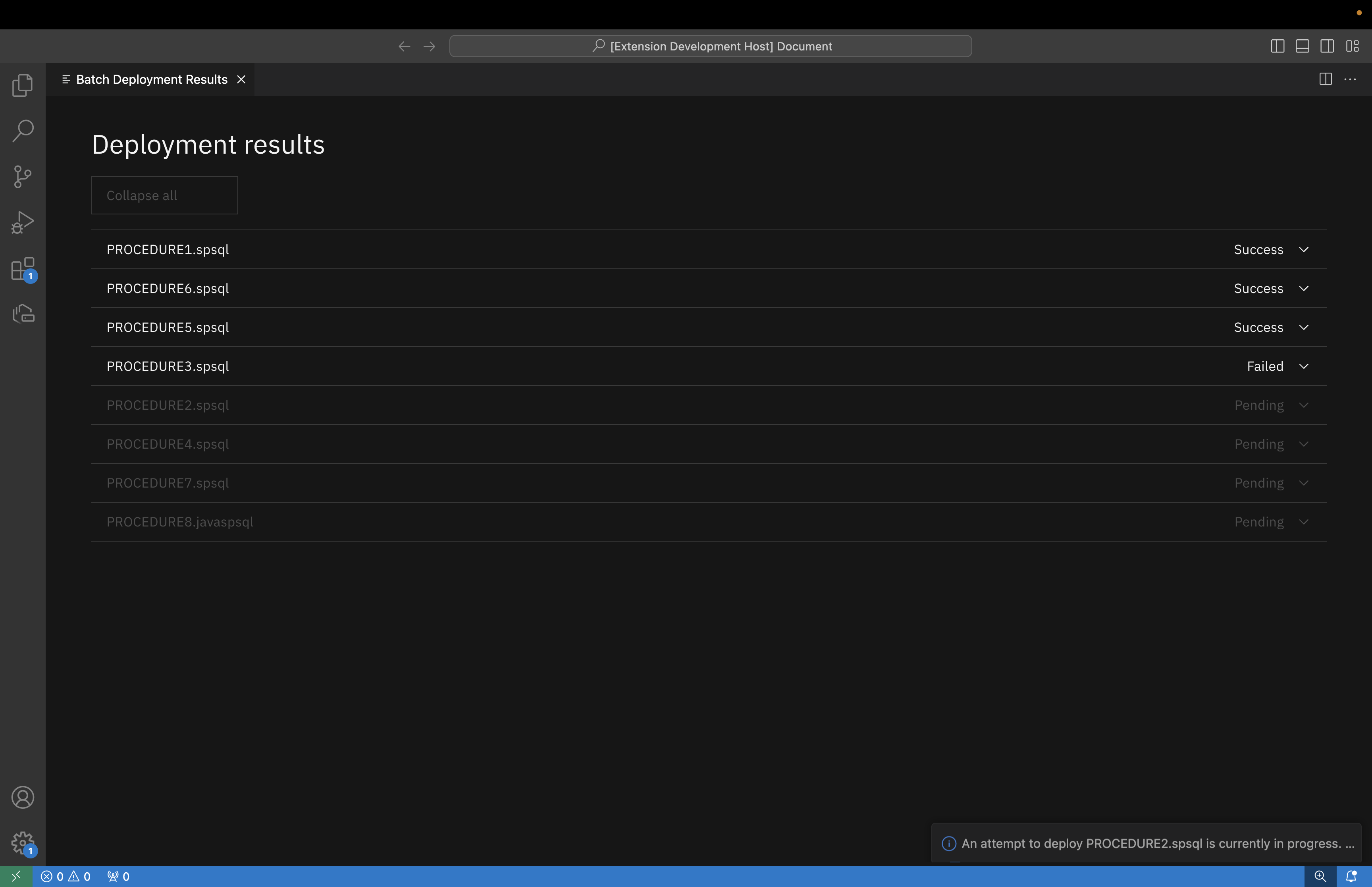 Stored procedure deployment results