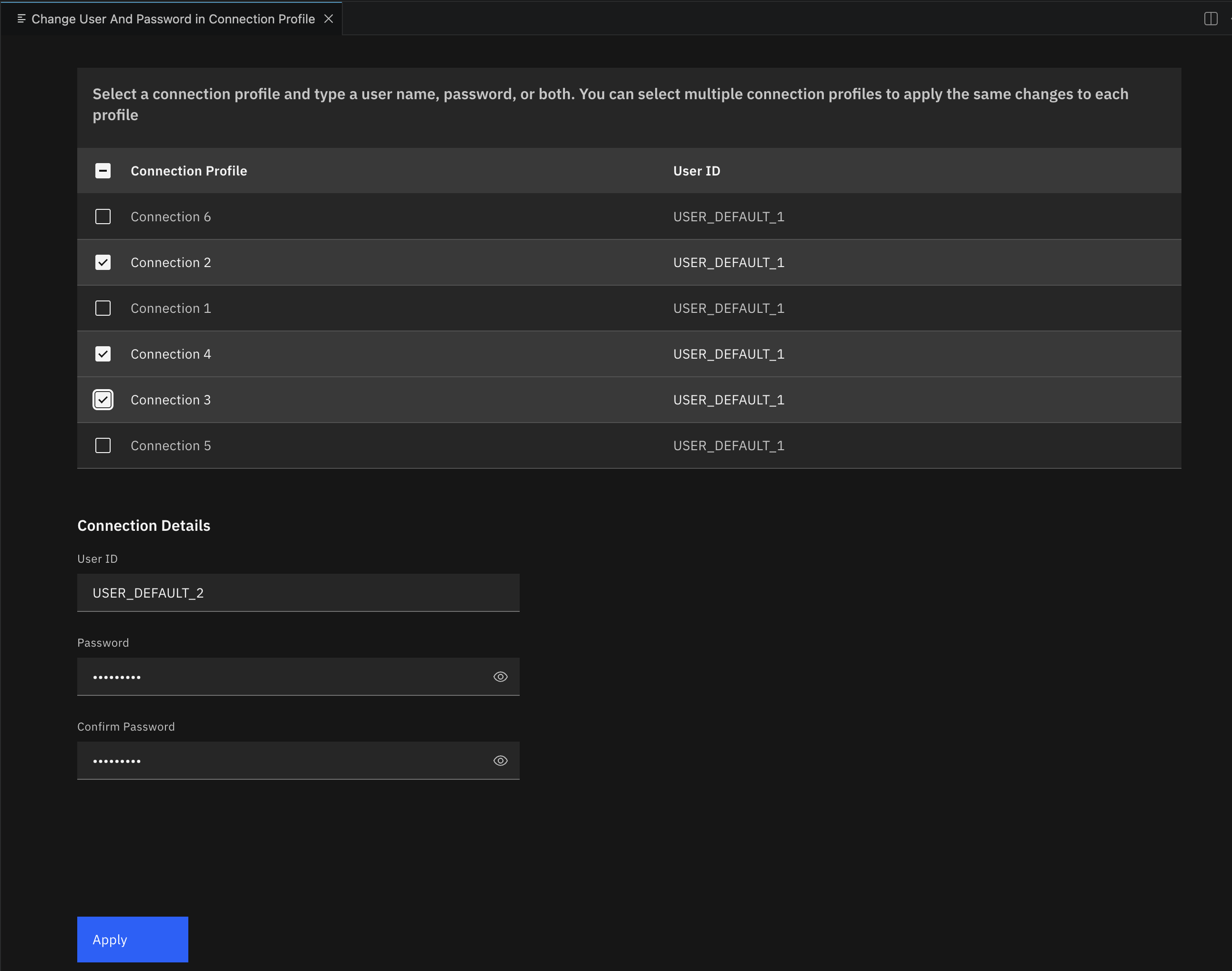 Change User and Password in Connection Profile dialog