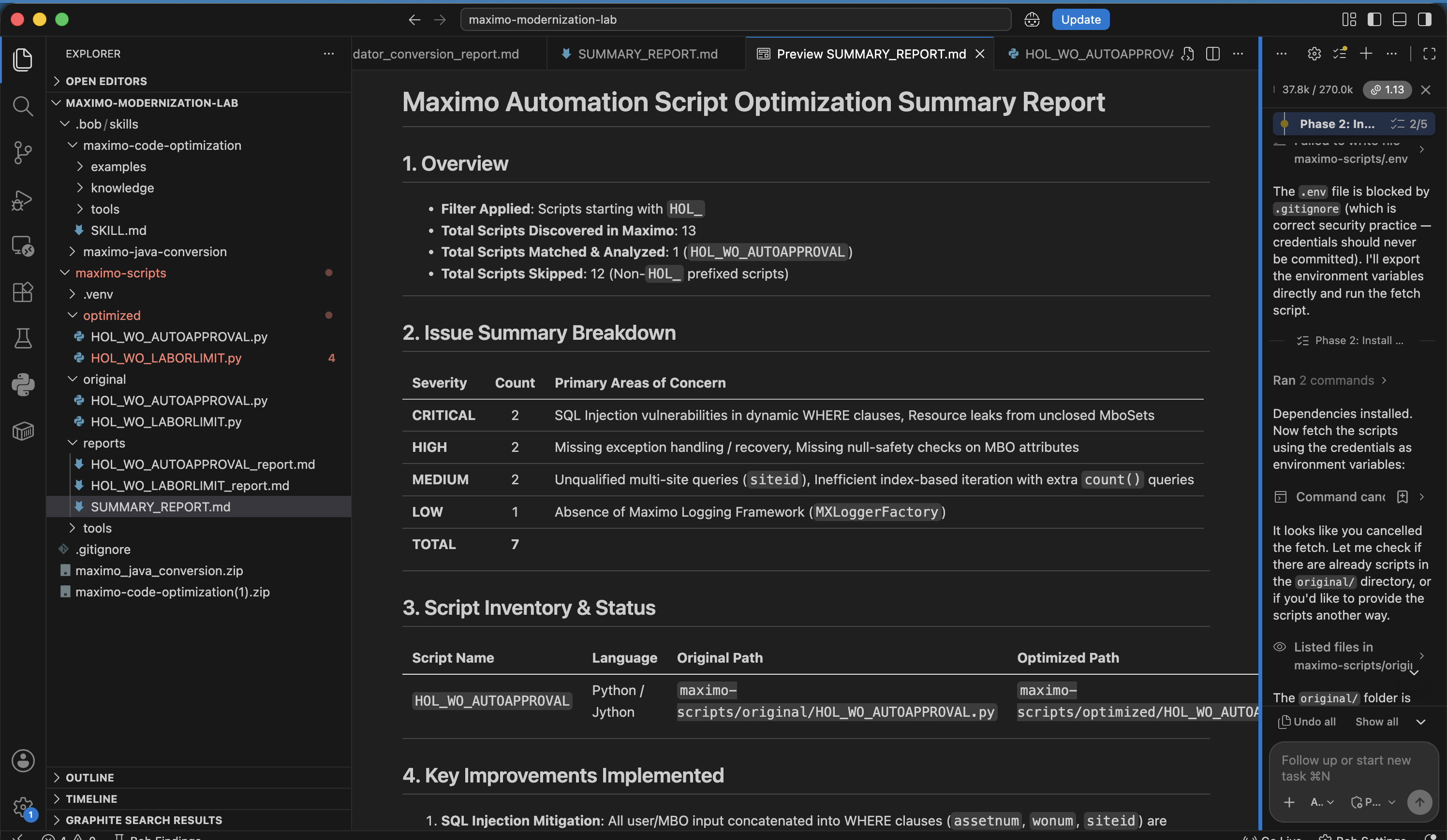 AI-Powered Maximo Automation Script Optimization with IBM Bob screenshot 2