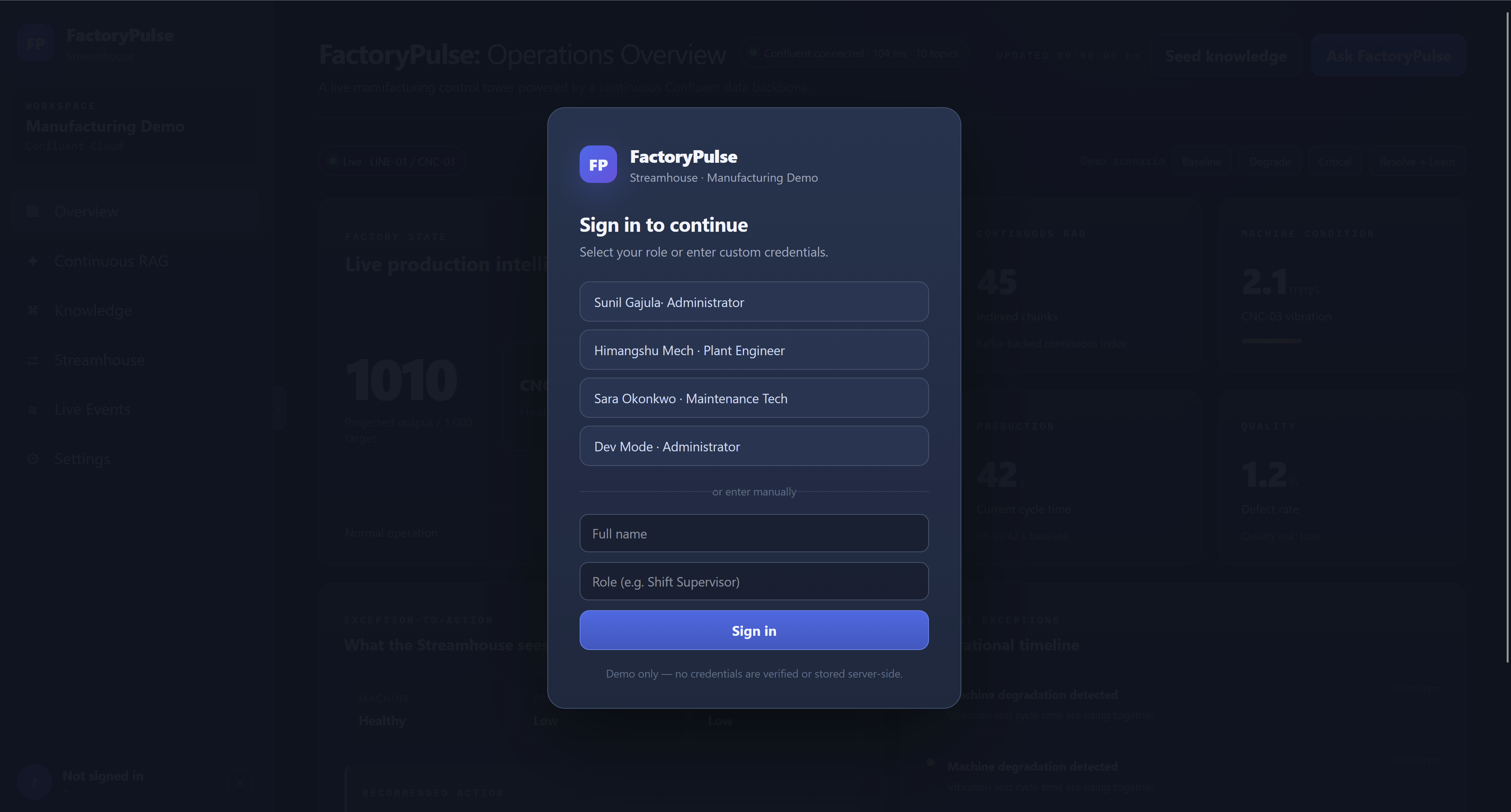 FactoryPulse — Continuous RAG on Confluent Cloud Streamhouse