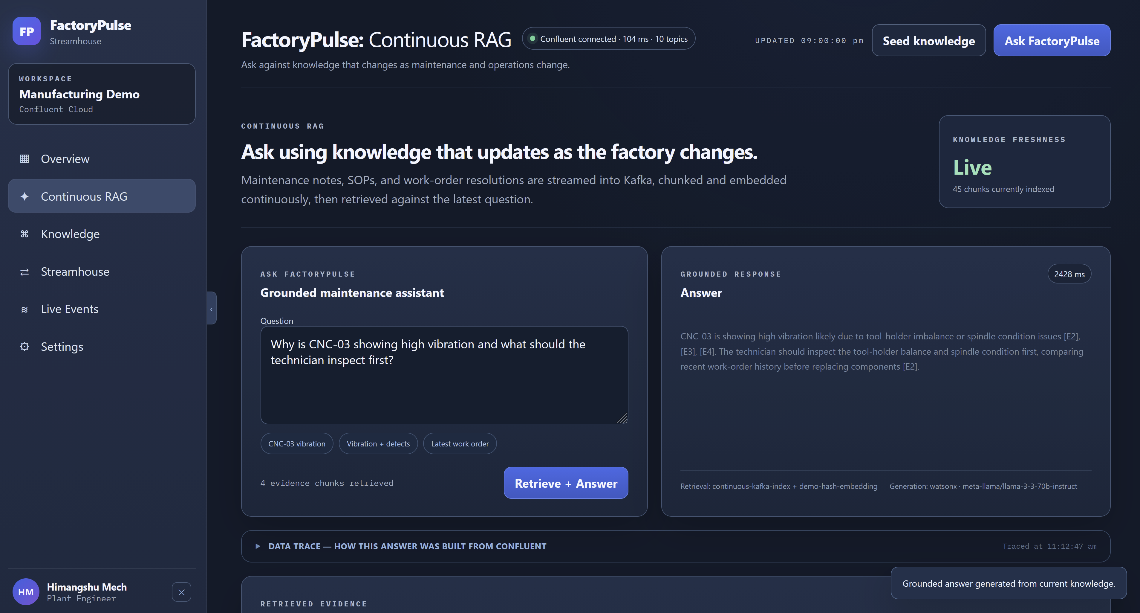 FactoryPulse — Continuous RAG on Confluent Cloud Streamhouse screenshot 3