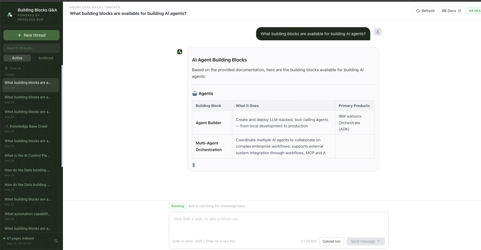Building Blocks Q&A Using Headless IBM Bob screenshot 2