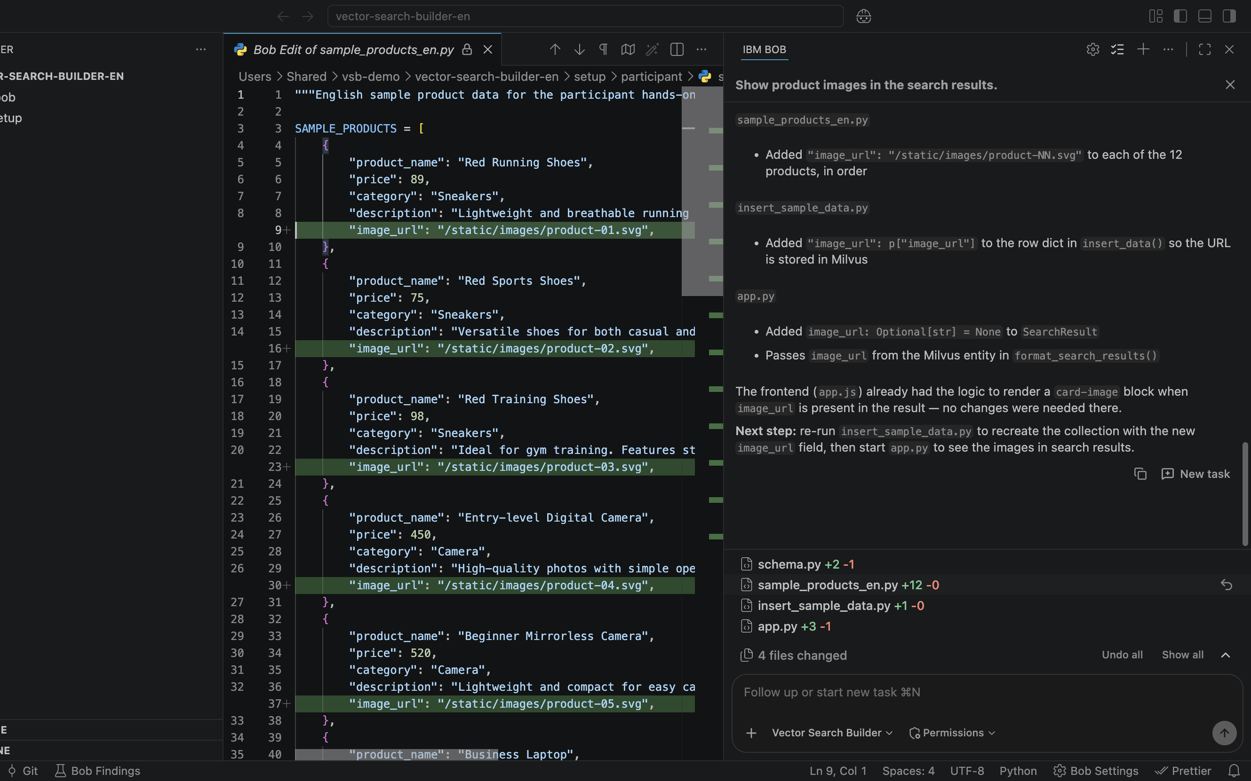 Semantic Product Search with Vector Search Builder and IBM Bob screenshot 5