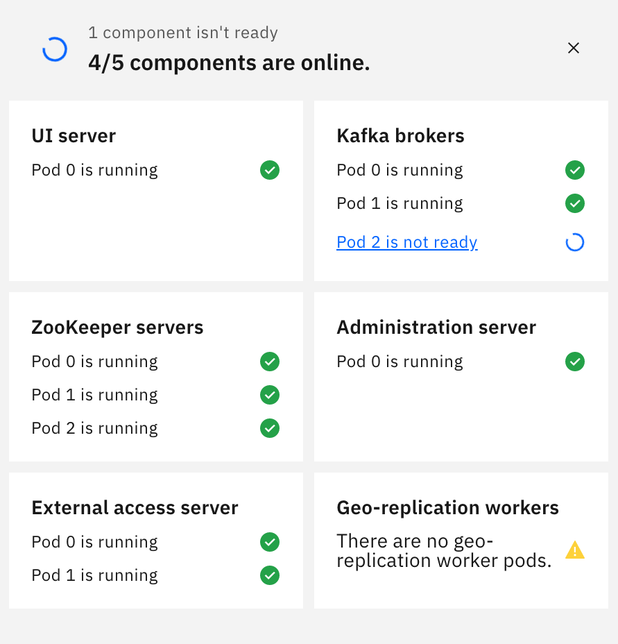 Example screen capture showing when a component is not ready, stating "Pod 2 is not ready" as a link. Example system health