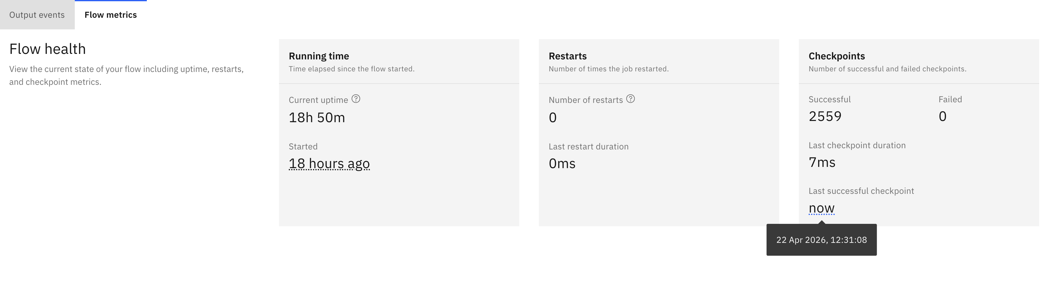 Flow health section showing checkpoints metrics