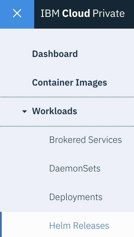 Screen capture showing how to select Workloads > Helm releases from navigation menu Menu > Workloads > Helm releases