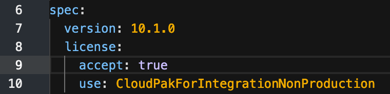 Screen capture showing how to set the license accept field to true Accepting license