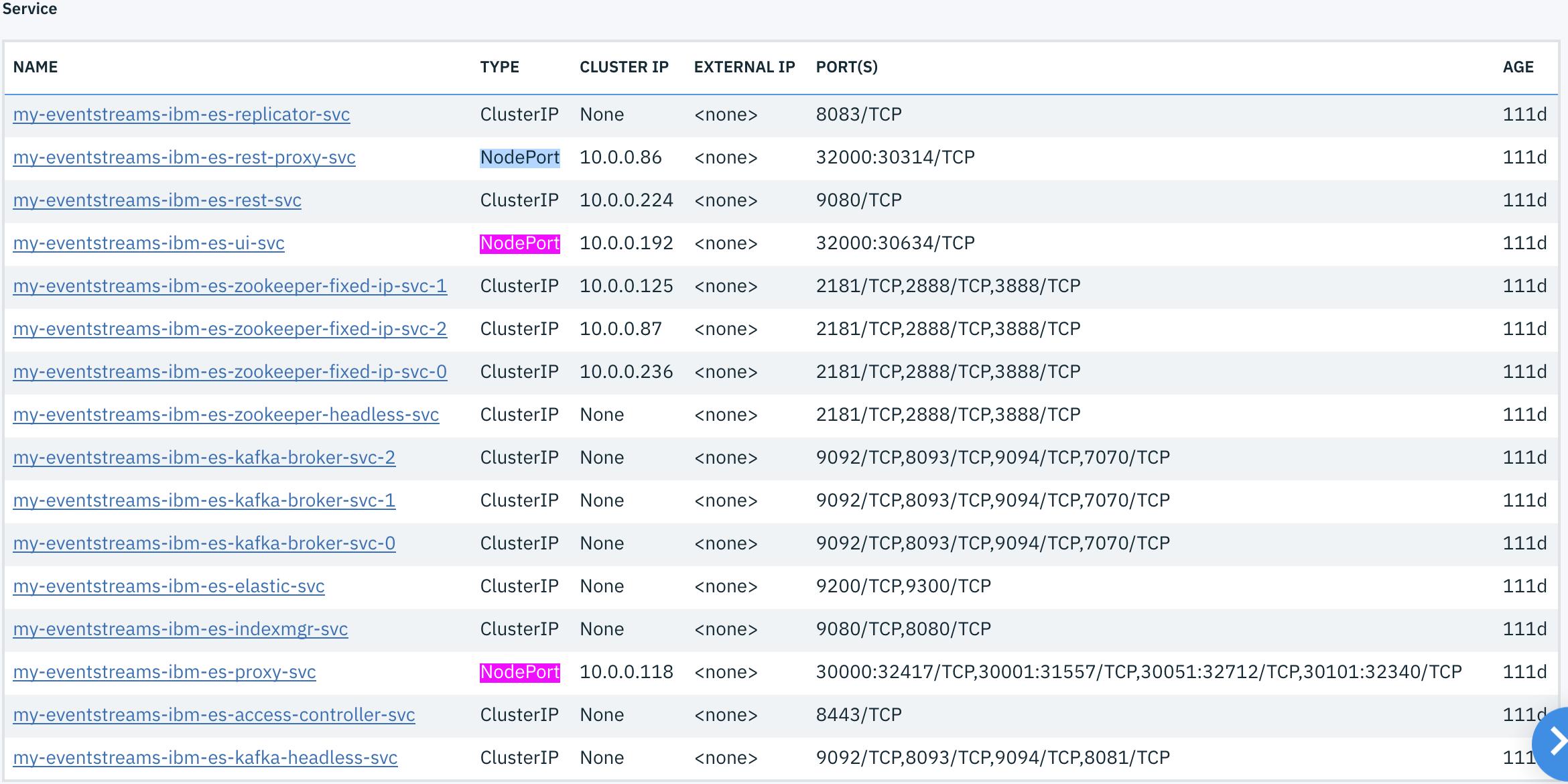 Screen capture showing service table with the NodePort types highlighted. Service table