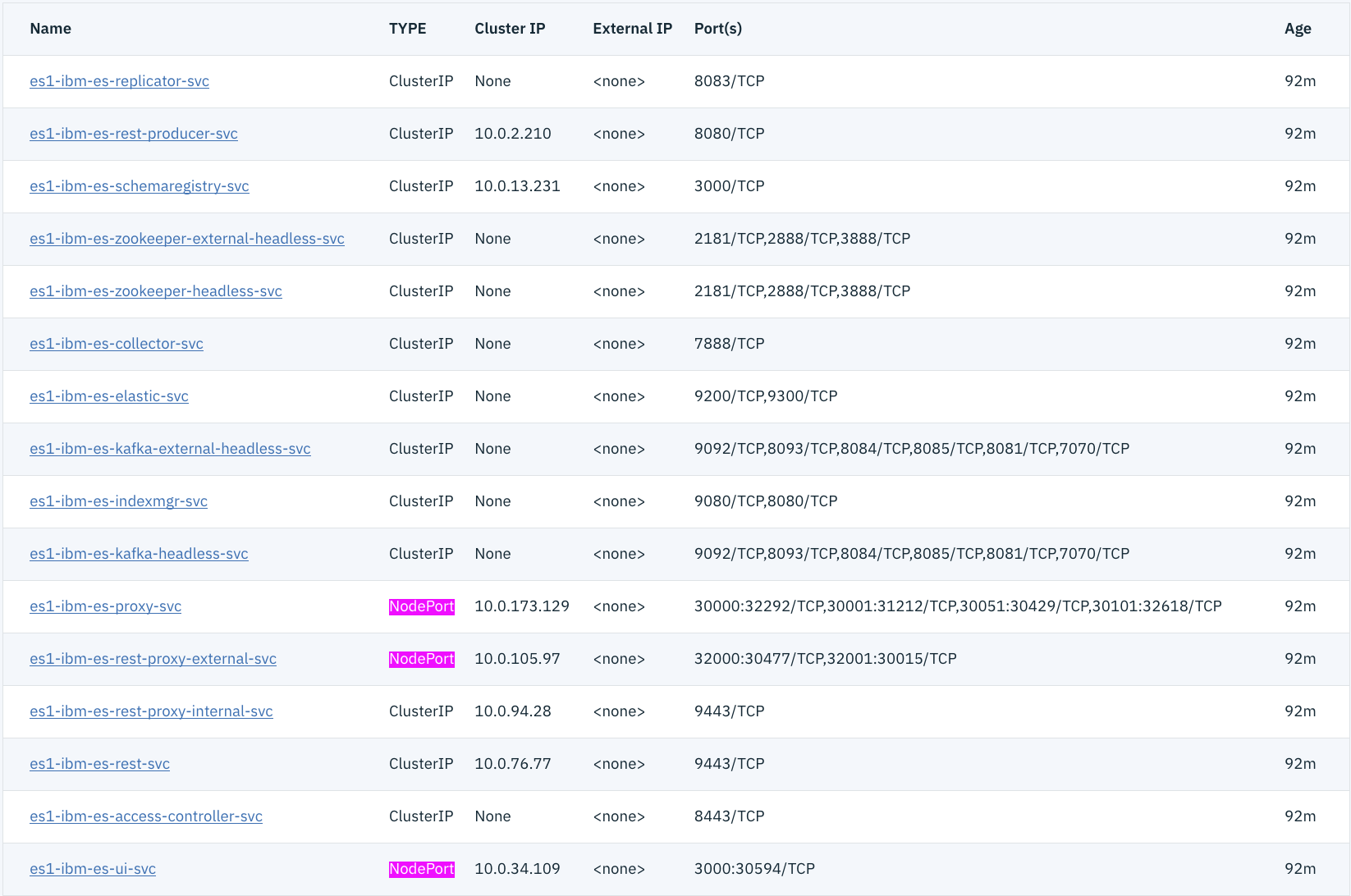 Screen capture showing service table with the NodePort types highlighted. Service table