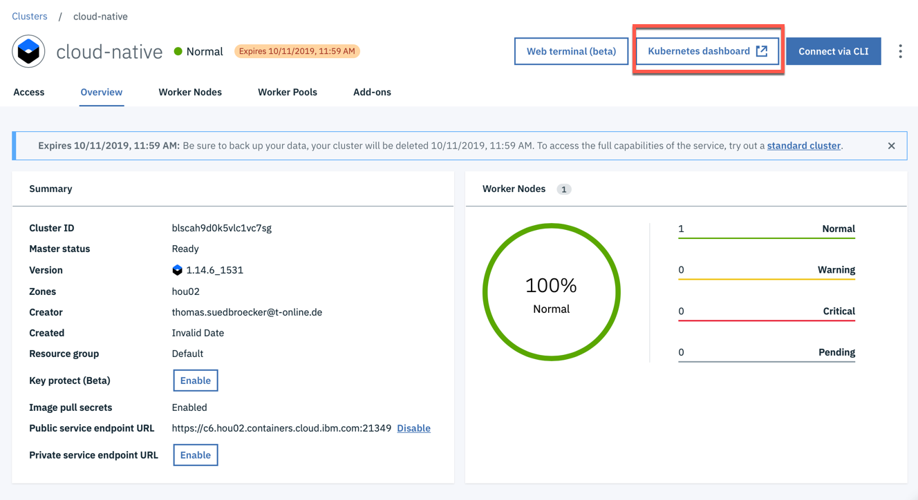 Open the Kubernetes dashbord