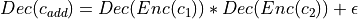 Dec(c_{add}) = Dec(Enc(c_1)) * Dec(Enc(c_2))  + \epsilon