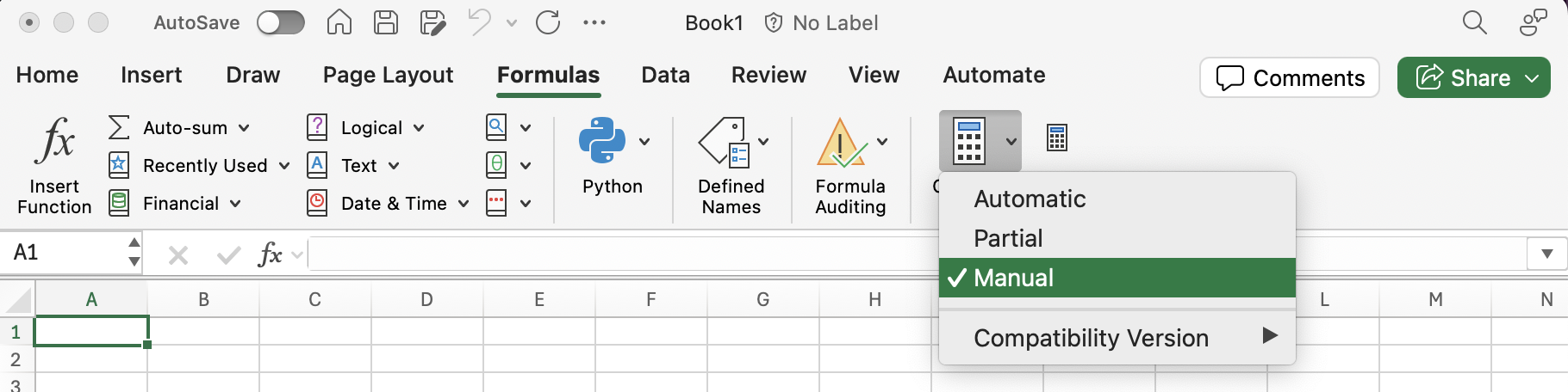Manual calculation mode in Excel