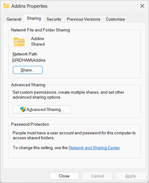 Shared folder properties