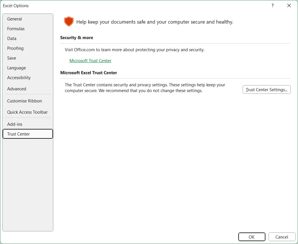 Trust Center settings
