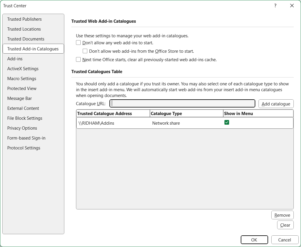 Trust Center catalog configuration