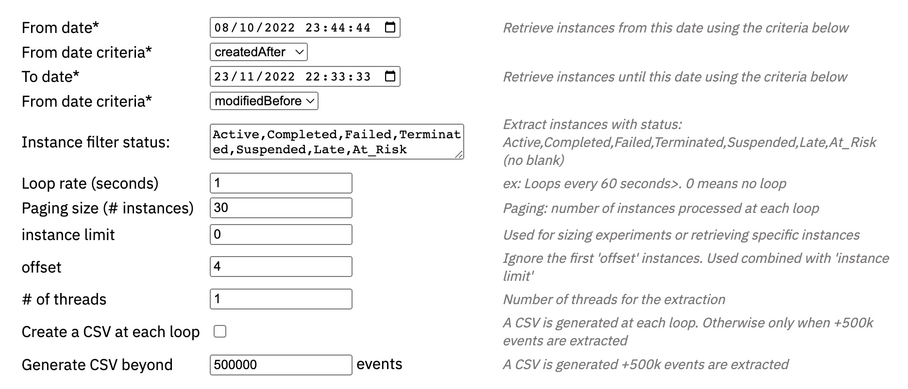 Extraction parameters