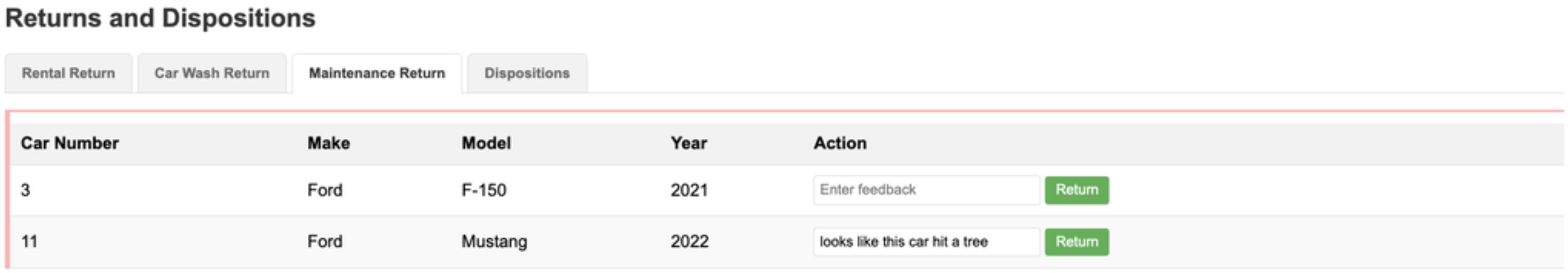 Maintenance Returns Tab
