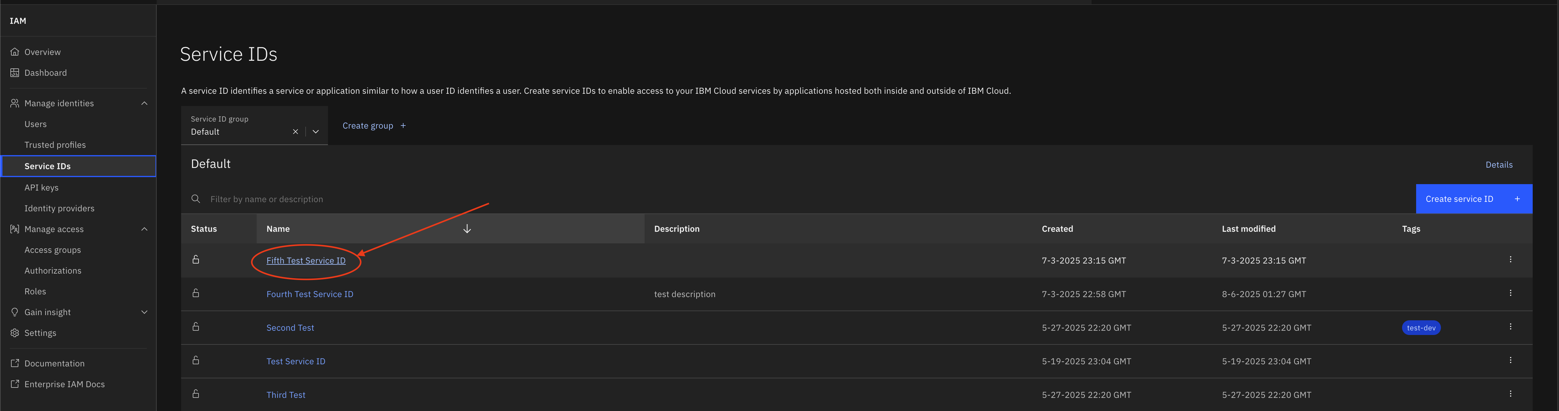 Screenshot of ServiceID page with a ServiceID selected