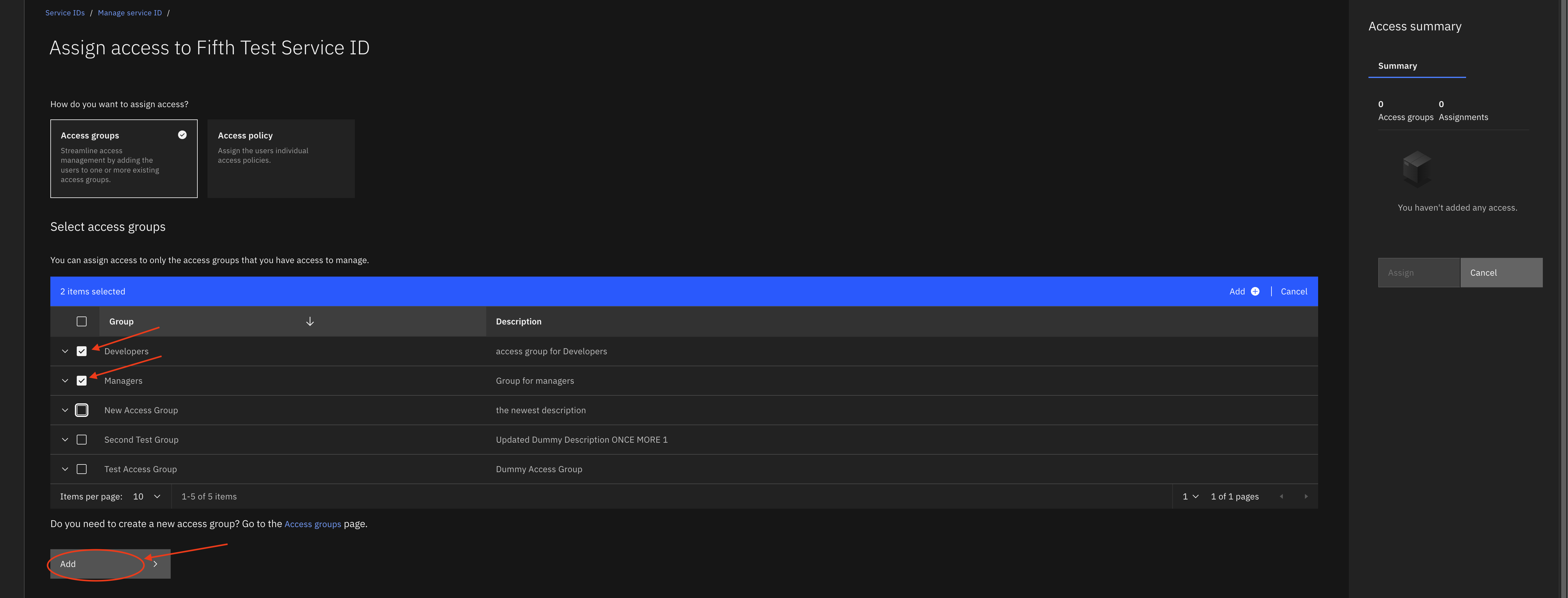 Screenshot of additional groups added for selected ServiceID