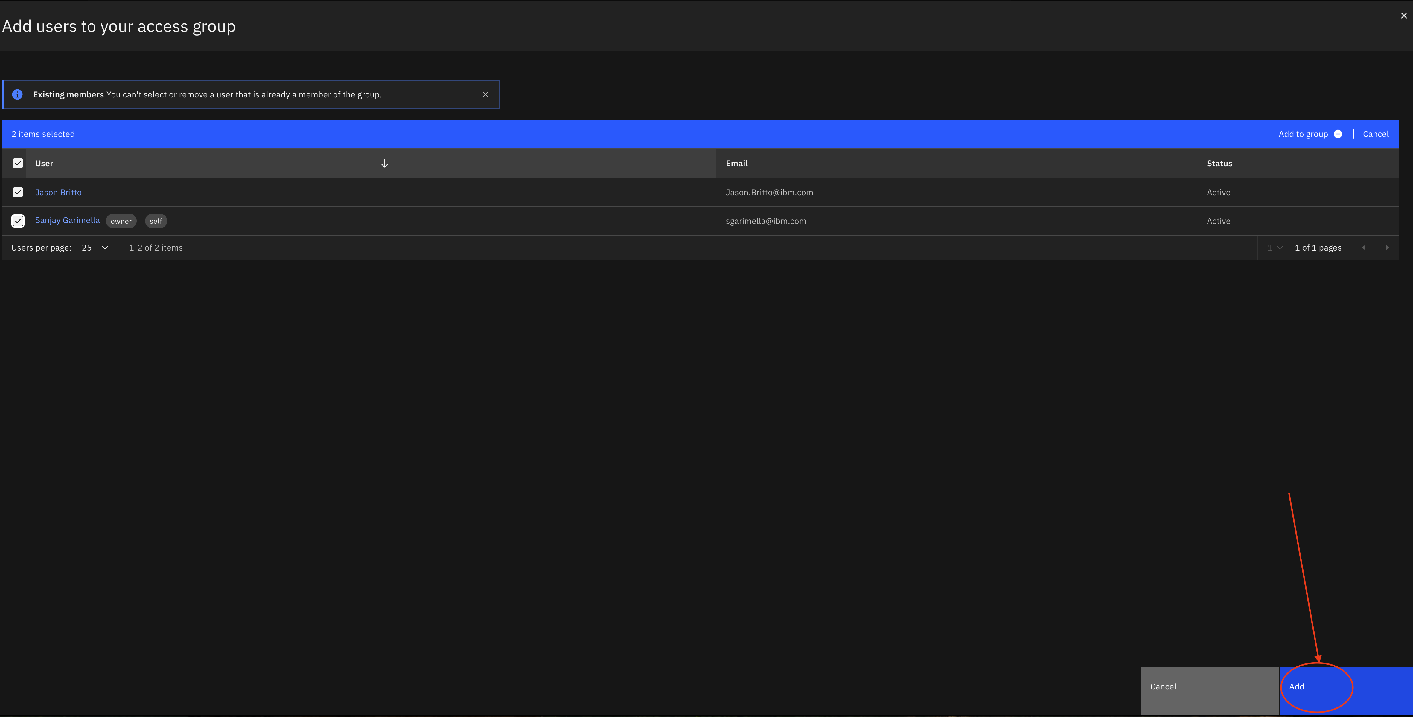 Screenshot of adding multiple members to an Access Group