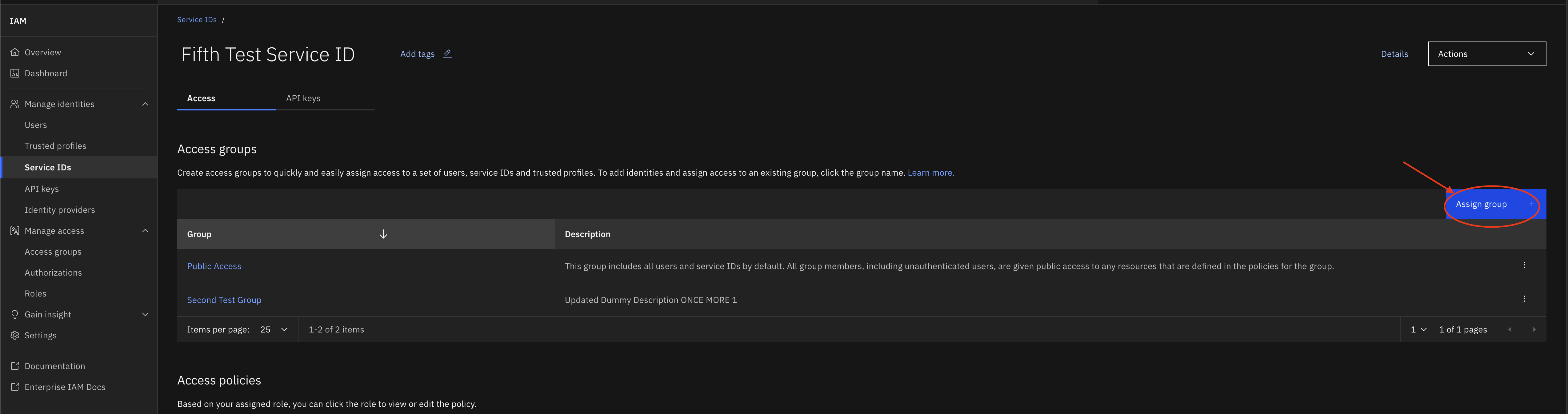 Screenshot of selected ServiceID page with Assign Groups button circled