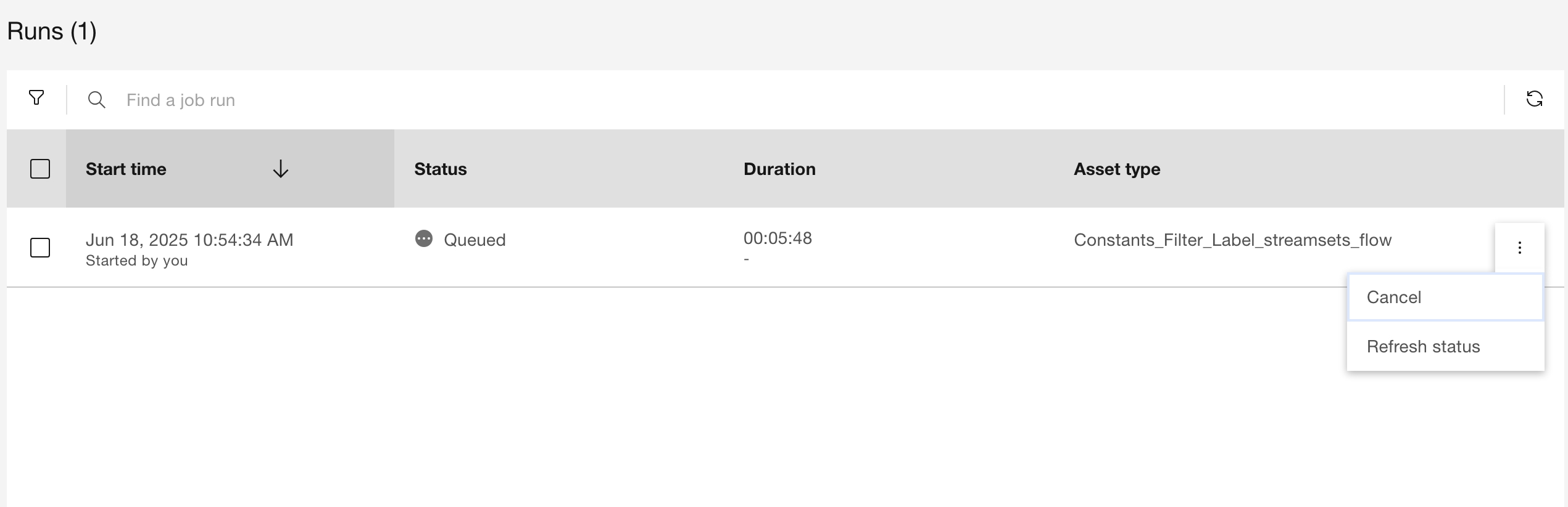 Screenshot of canceling Job Run
