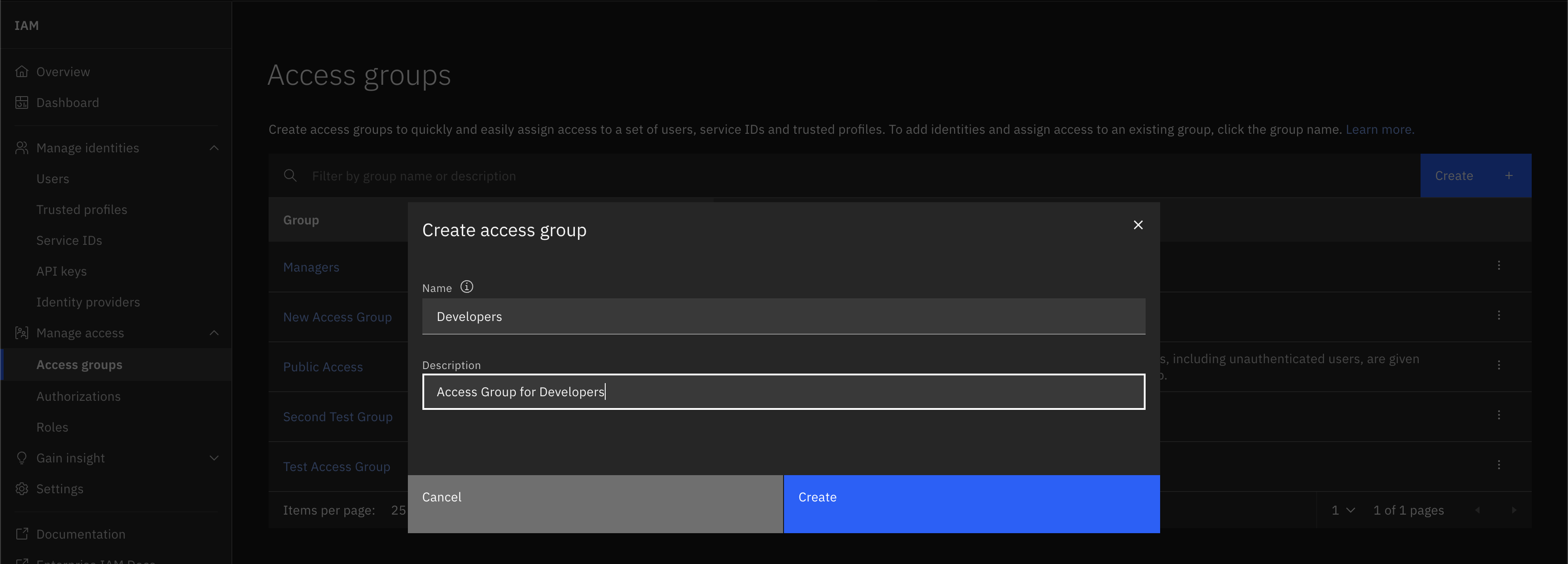 Screenshot of creating an access group in the IBM Cloud UI