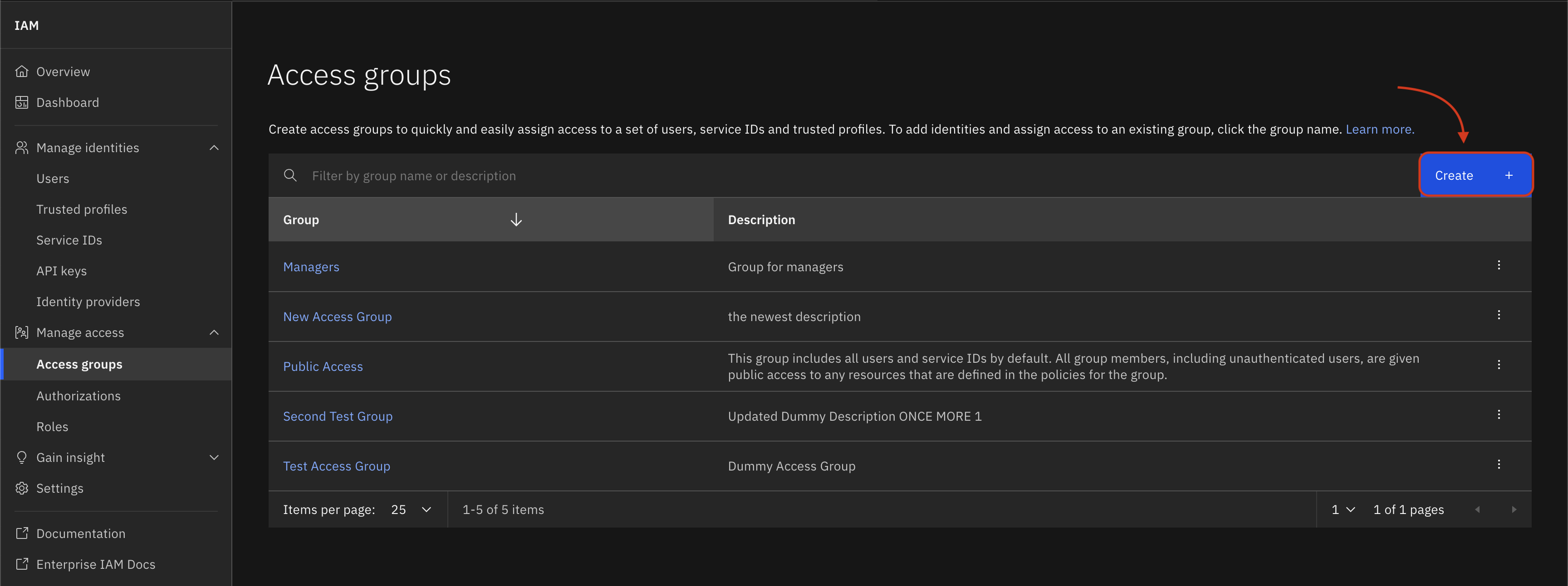 Screenshot of the button to create an access group in the IBM Cloud UI