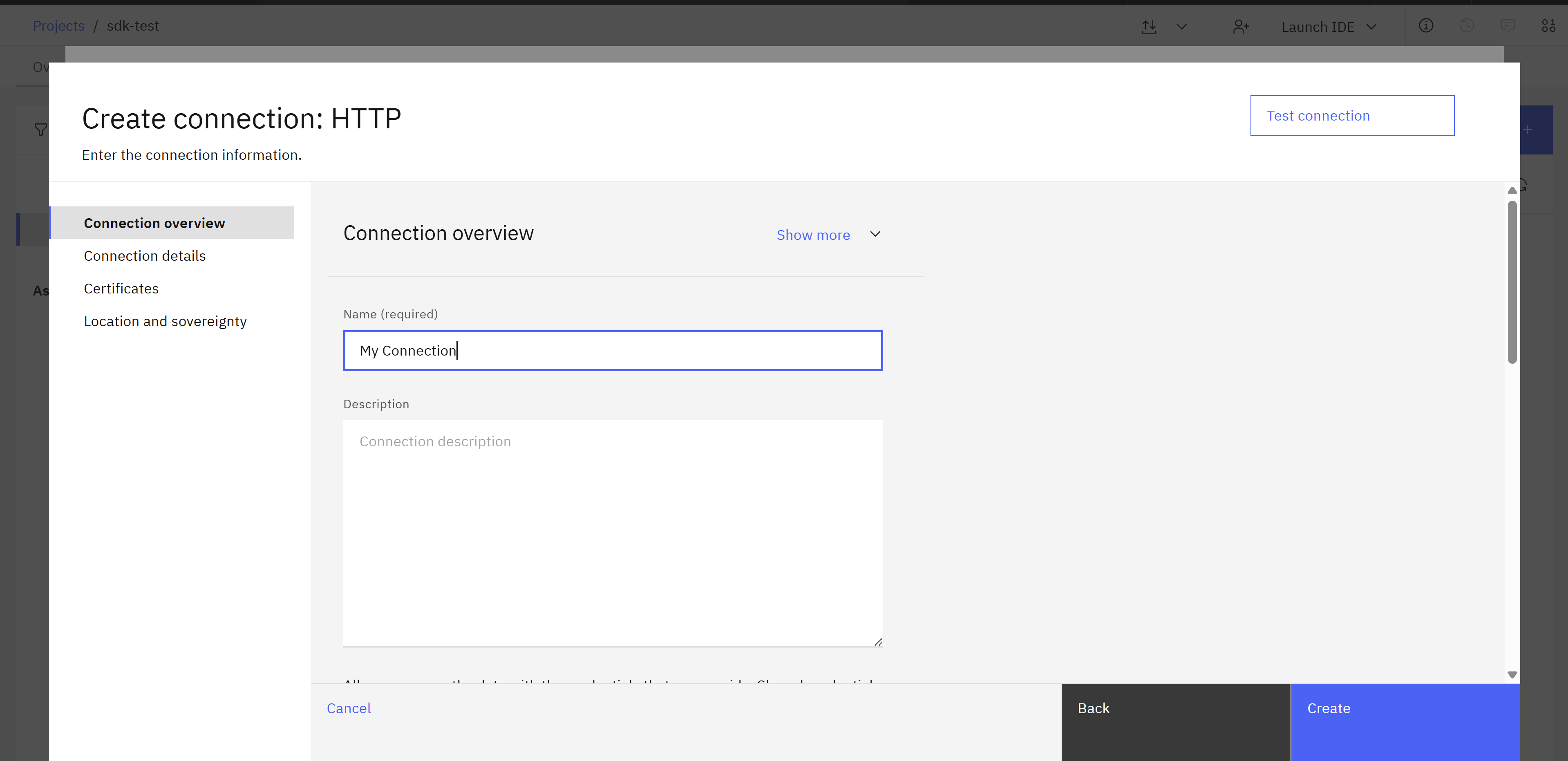 Screenshot of the Connection creation in the UI - Step 4