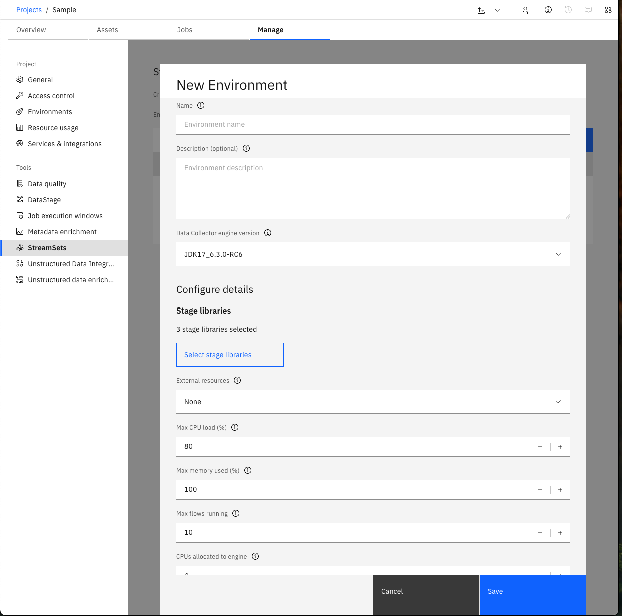 Screenshot of the Environment configuration form in the UI