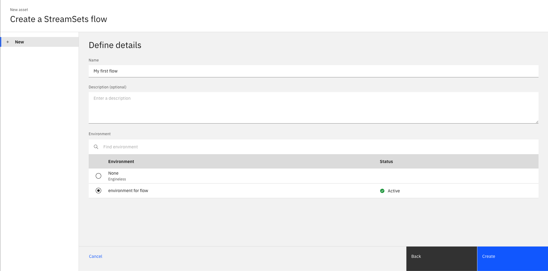 Screenshot of the flow creation page.