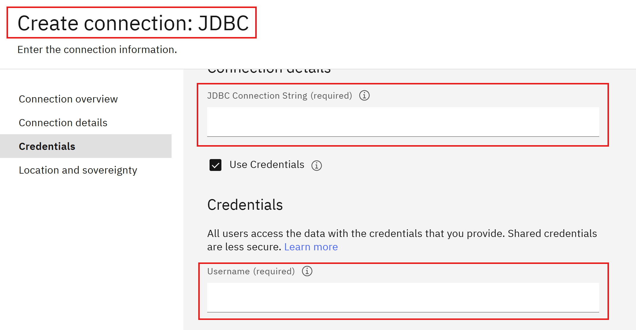 Screenshot of the JDBC DataSource arguments.