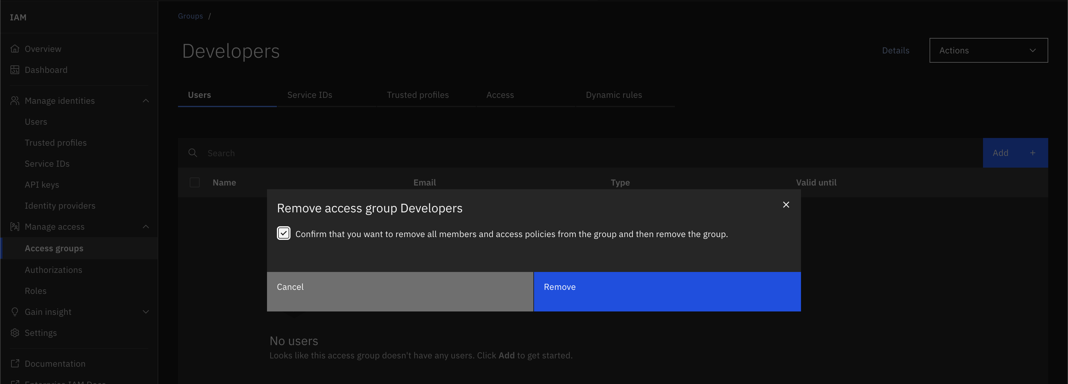 Screenshot of UI pane to delete an access group